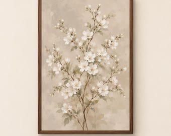 White Blossom Branch Print | Vintage Floral Painting | Neutral Cottagecore Botanical Wall Art | Farmhouse Decor Digital Download | #MJ1492