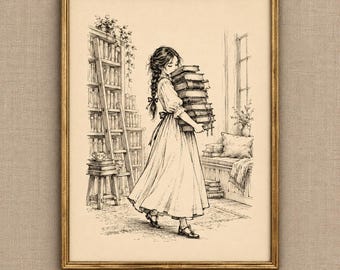 Girl Carrying Books Sketch Print | Vintage Ink Drawing | Book Lover Reading Nook Library Wall Art | Bookish Digital Download | #MJ1632