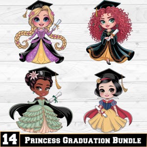 14 Cartoon Princess Graduation 2025 PNG Bundle, Graduate Shirt PNG, Cartoon Character Grad Png, Sublimation Designs, Digital Download, DTF