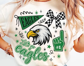 Mascot PNG, Eagles Doodle Shirt Design - Green, Mascot School, College, Football Season PNG, Game Day Sublimation, Digital Download