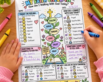 My Faith Check-In Worksheet for Kids, Bible Activity, Christian Coloring Page, Faith Reflection, Sunday School, Homeschool Printable