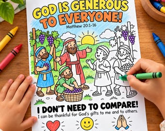 God Is Generous to Everyone Coloring Page for Kids, Matthew 20:1-16 Bible Activity, Vineyard Workers Parable, Sunday School Printable PDF