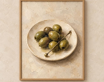 Green Olives Still Life Print | Vintage Impasto Olive Painting | Mediterranean Kitchen Wall Art | Rustic Digital Download | #MJ1629