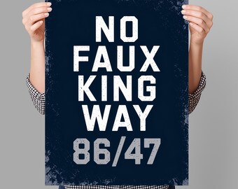 Plakat protestacyjny „No Faux King Way 86/47” do druku, plakat protestacyjny „No Kings” przeciwko Trumpowi na marzec, do pobrania w wersji cyfrowej, plakat na wiec aktywistów politycznych