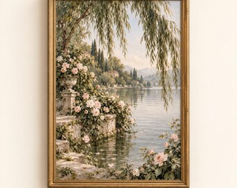 Rose Garden Pond Print | Romantic Willow Lake Landscape Painting | Vintage Floral Cottagecore Wall Art | Digital Download | #MJ1619