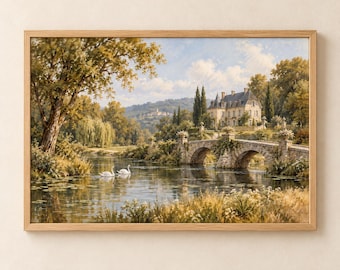 French Chateau Painting Print | Swans on Stone Bridge Landscape | Vintage French Country Printable Wall Art | Digital Download | #MJ1613