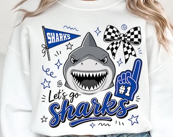 Mascot PNG, Sharks Doodle Shirt Design - Blue, Mascot School, College, Football Season PNG, Game Day Sublimation, Digital Download