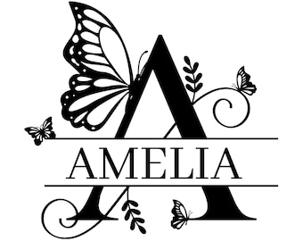 Butterfly Split Monogram SVG, PNG, DXF, Eps Bundle, Floral Family Name Alphabet Cut Files, Digital Download, Custom Monogram Frame Designs