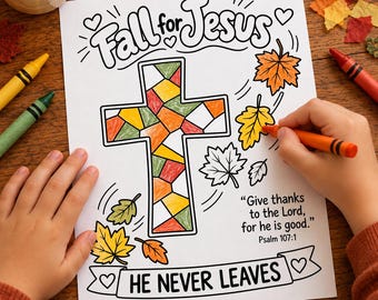 Fall for Jesus Mosaic Cross Craft for Kids, Psalm 107:1 Bible Activity, Christian Fall Coloring Page, Sunday School Printable PDF