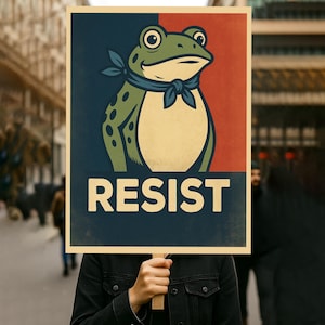 Puede incluir: Un cartel con una rana de dibujos animados con un pañuelo azul sobre un fondo rojo y azul. La palabra "RESIST" está impresa en blanco debajo. El cartel lo sostiene una persona con una chaqueta negra, en una escena callejera.