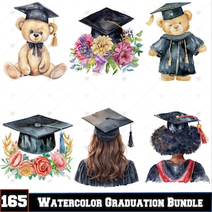 Pacote de 165 PNG de formatura em aquarela, clipart de formatura, boné de formatura, diploma, vestido de formatura, designs de sublimação, download digital