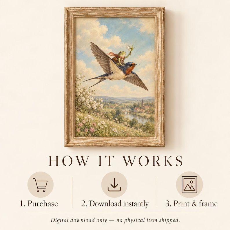 Fantasy Riding Birds Frog Riding Bird Painting | Vintage Whimsical Swallow Art | Cottagecore ...