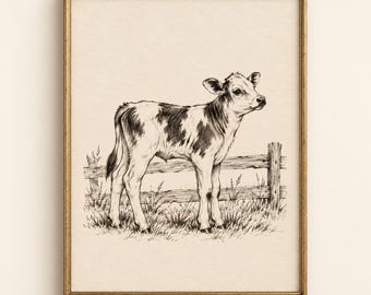 Calf Sketch Print | Vintage Cow Ink Drawing | Rustic Farmhouse Farm Animal Wall Art | Country Nursery Digital Download | #MJ1637