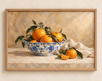 Oranges in Blue and White Bowl Print | Citrus Still Life Painting | Vintage Farmhouse Kitchen Wall Decor | Digital Download | #MJ1626