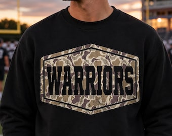Mascot PNG, Warriors Camo Distressed Shirt Design, Varsity School Spirit Team Football Season PNG, Game Day Sublimation, Digital Download