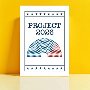 May include: A white rectangular print with the text "PROJECT 2026" in navy blue. Below the text is a graphic of a semi-circle divided into blue and red dots. The print is framed by navy blue stars.