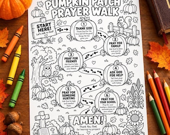 Pumpkin Patch Prayer Walk For Kids, Christian Fall Bible Activity, Sunday School Coloring Page, Homeschool Printable PDF