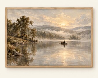 Vintage Fisherman Rowboat Print | Misty Lake Landscape Painting | Fishing Wall Art | Lake House Decor | Digital Download | #MJ1612