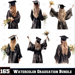Paquete de 165 imágenes PNG de graduación en acuarela, imágenes prediseñadas de graduación, birrete, diploma, toga, diseños de sublimación, descarga digital