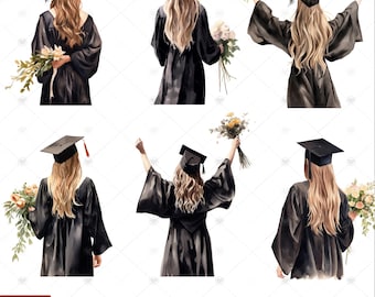 May include: A set of six watercolor illustrations of a graduate wearing a black cap and gown. The graduate is depicted in various poses, including holding flowers and raising their arms in celebration. The illustrations are perfect for creating graduation cards, invitations, or other celebratory projects.
