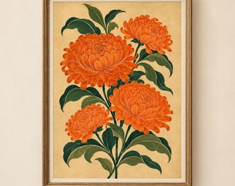 Four Orange Chrysanthemums Maximalist Print | Bold Art Deco Floral Wall Art | Flower Digital Download | #MJ1471