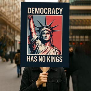 May include: A sign with the text "DEMOCRACY HAS NO KINGS" held by a person. The sign displays a graphic of the Statue of Liberty in red, white, and blue, on a dark blue background. The person is wearing a black jacket.