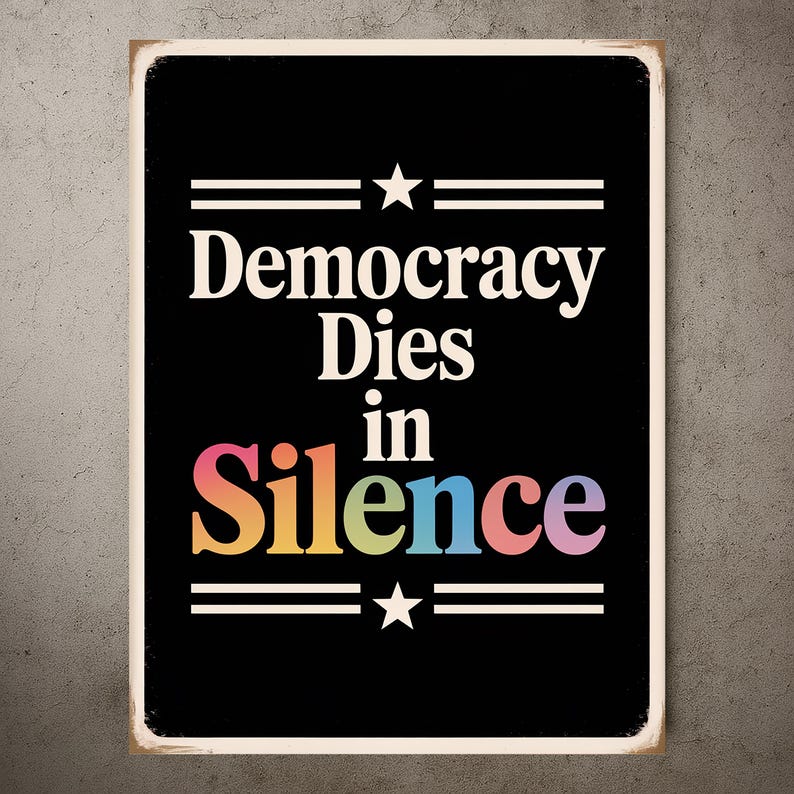 Może przedstawiać: Czarno-biały znak z tekstem "Democracy Dies in Silence" w kolorach tęczy. Znak ma dwie białe gwiazdki i dwie białe linie nad i pod tekstem.