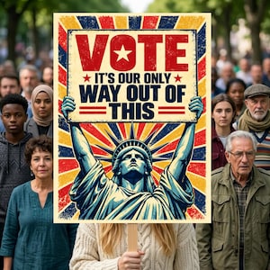 Könnte beinhalten: Ein rechteckiges Protestschild mit einer stilisierten Abbildung der Freiheitsstatue mit erhobenen Armen, die ein Banner mit dem Text VOTE IT'S OUR ONLY WAY OUT OF THIS in roter und blauer Schrift vor einem rot-weiß-blauen Strahlenhintergrund hält.