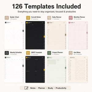 May include: A digital collection of 126 templates including spider charts, Cornell notes, daily and monthly planners, weekly schedules, SWOT analysis, project planners, and a notebook index. The layout features various color-coded page designs.