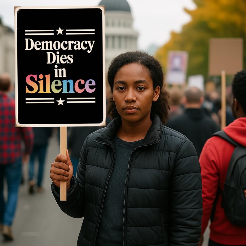 Może przedstawiać: Osoba trzyma czarny znak z białym tekstem, kt&oacute;ry brzmi "Democracy Dies in Silence". Tekst jest w kolorach tęczy. Osoba ma na sobie czarną kurtkę i ciemne włosy.