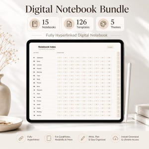 May include: A digital notebook bundle displayed on a tablet screen featuring a notebook index with sixteen sections and subsections. The interface includes text labels for 15 notebooks, 126 templates, and 5 themes, with a stylus positioned nearby.