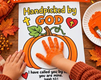 Handpicked by God Pumpkin Handprint Coloring Page for Kids, Isaiah 43:1 Bible Activity, Christian Fall, Sunday School, Homeschool Printable