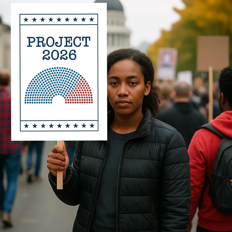 May include: A person holding a white sign with the text "PROJECT 2026" and a graphic of a divided semi-circle in blue and red. The sign is framed by stars. The person is in a crowd of people.