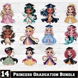 14 Cartoon Princess Graduation 2025 PNG-Bundle, graduierte Shirt PNG, Zeichentrickfigur Grad Png, Sublimationsentwürfe, digitaler Download, DTF