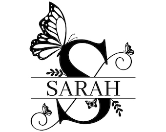 Butterfly Split Monogram SVG, PNG, DXF, Eps Bundle, Floral Family Name Alphabet Cut Files, Digital Download, Custom Monogram Frame Designs