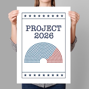 May include: A white poster with the text "PROJECT 2026" in navy blue. Below the text is a graphic of a semi-circle divided into blue and red dots. The top and bottom of the poster have a border of navy blue stars.