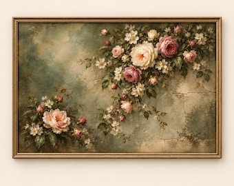 Antique Rose Painting Print | Vintage Moody Floral Wall Art | Green Cottage Cabin Decor | Horizontal Digital Download | #MJ1639