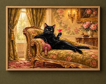 Black Cat with Martini Print | Funny Cocktail Cat Painting | Maximalist Bar Cart Wall Art | Cat Lover Gift | Digital Download | #MJ1620