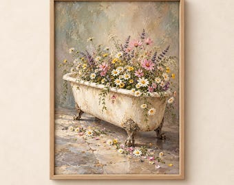 Clawfoot Tub Wildflowers Print | Vintage Bathtub Painting | Cottagecore Floral Bathroom Wall Art | Farmhouse Digital Download | #MJ1624