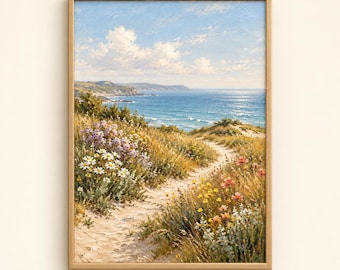 Coastal Wildflower Path Print | Vintage Beach Landscape Painting | Floral Seaside Wall Art | Summer Digital Download | #MJ1621
