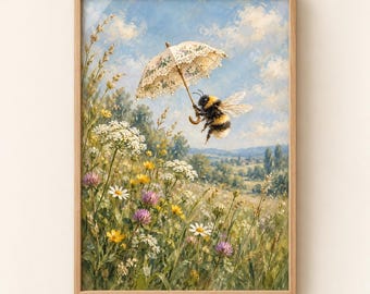 Bumble Bee with Umbrella Print | Whimsical Wildflower Nursery Wall Decor | Bee Lover Gift for Kids Room | Digital Download | #MJ1618