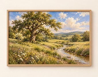 Wildflower Meadow Print | Vintage Spring Landscape Painting with Oak Tree | Cottagecore Floral Wall Art | Digital Download | #MJ1616