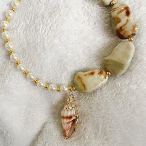 Pearl and Stone Beaded Necklace with Shell Pendant
