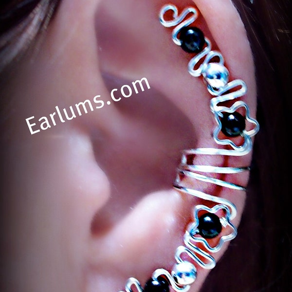 Black Flower Ear Cuff Wrap - Ear Jewelry Handmade in USA