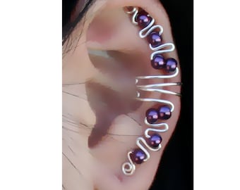 Violet Ear Cuff Wrap Handmade in USA with white, purple, black beads, tarnish resistant golden/silver tone wire No piercings needed!- Single