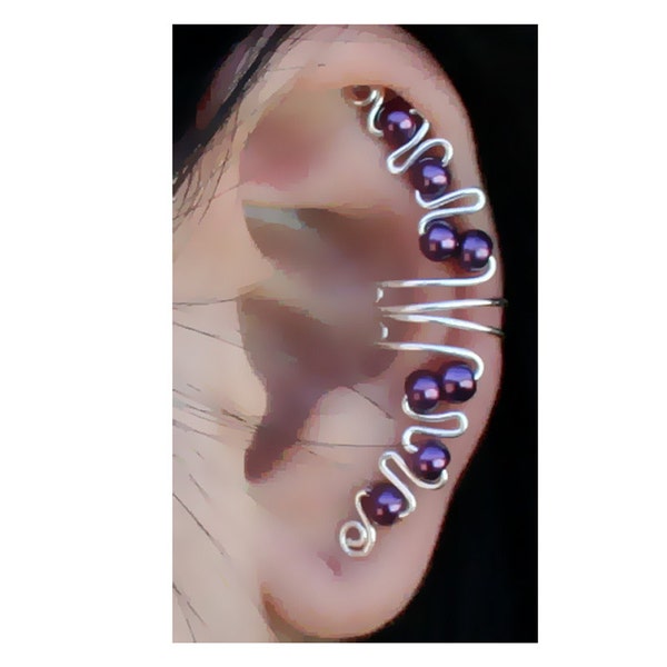 Violet Ear Cuff Wrap Handmade in USA with white, purple, black beads, tarnish resistant golden/silver tone wire No piercings needed!- Single