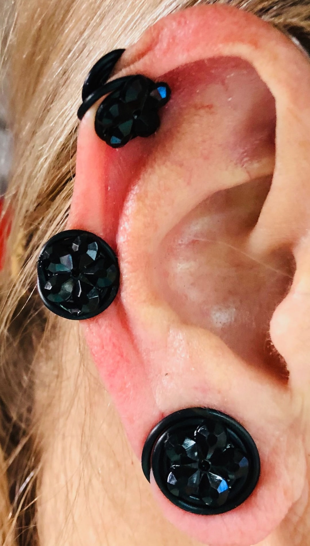 Black Flower Keloid Earrings Pressure Clip Pair Handmade in USA by