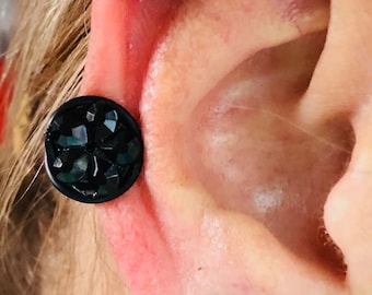 Black Flower Keloid Earrings Pressure Clip Pair Handmade in USA by Earlums