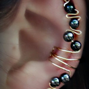 Black Beads Ear Cuff Wrap Handmade with Silver or Golden Wire image 3