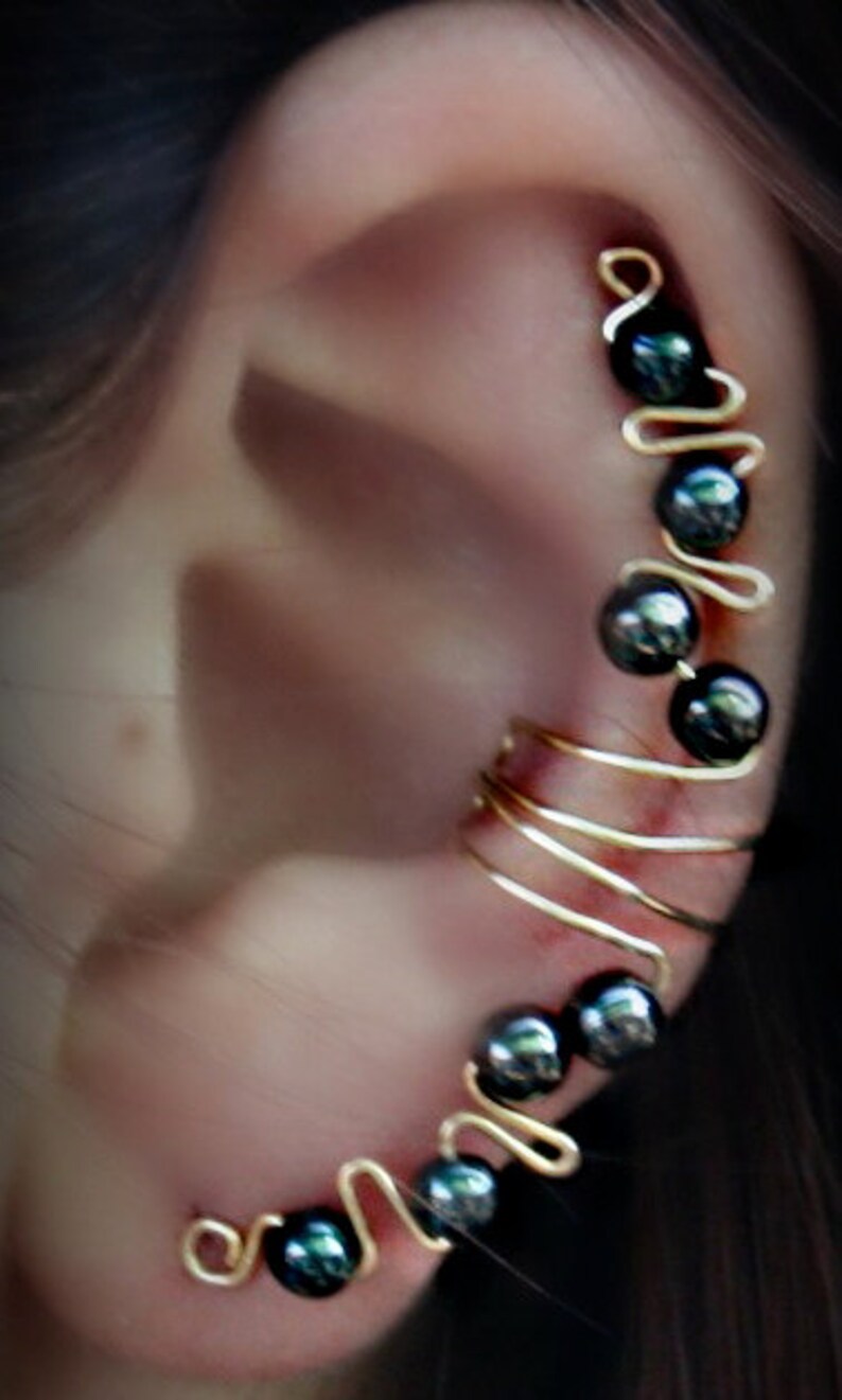 Black Beads Ear Cuff Wrap Handmade with Silver or Golden Wire image 3